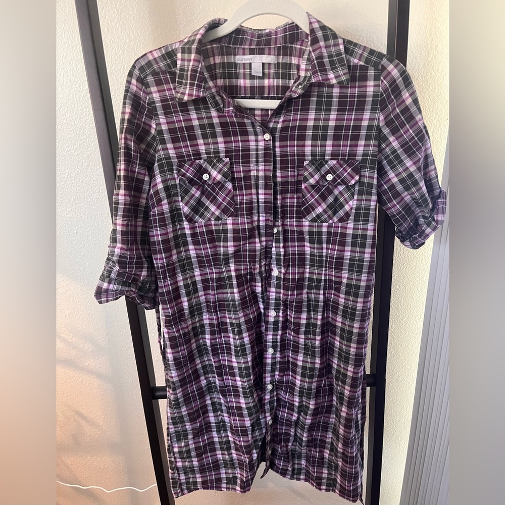 Old Navy Black and Purple Plaid Button-Up Shirt Dress